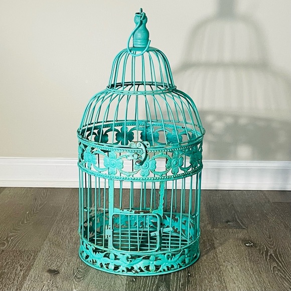 Other - large vintage metal decorative floral birdcage turquoise